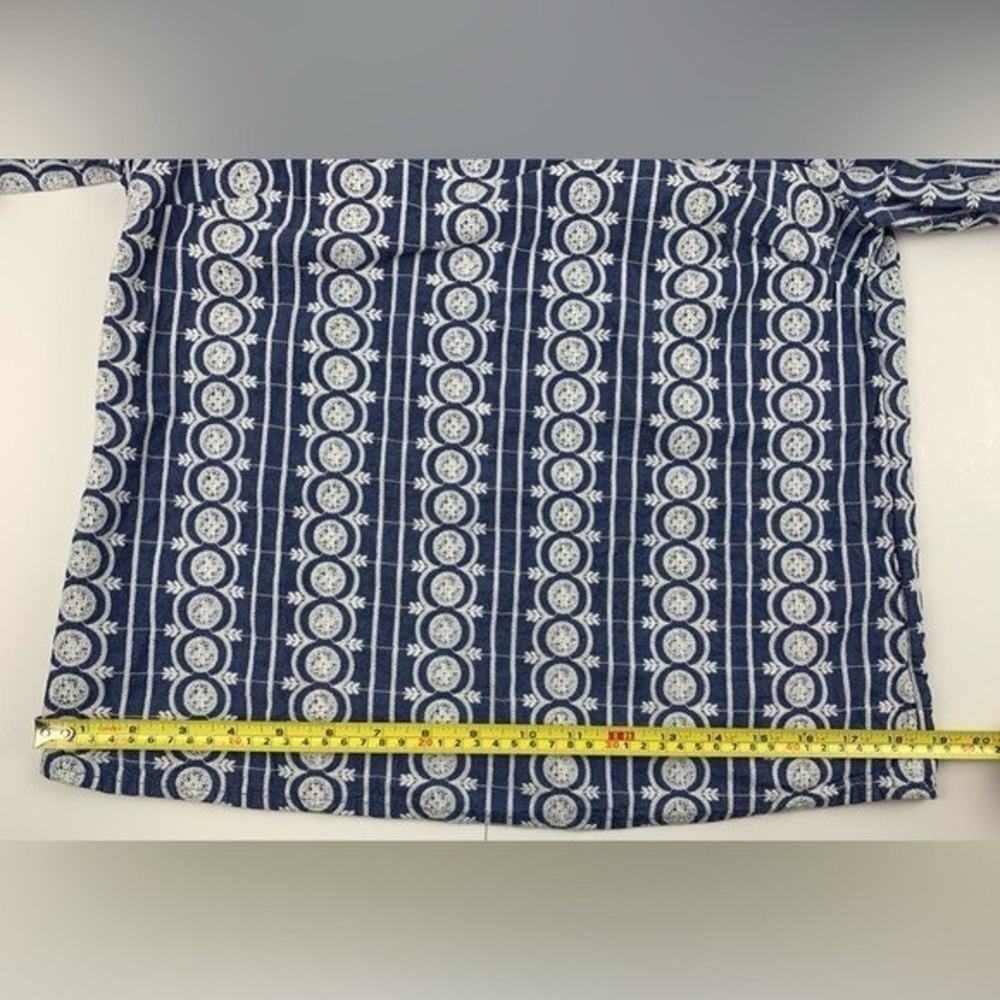 Boden Embroidered Eyelet Bib Blouse Ruffle Detail 3/4 Sleeve Blue & White Size 4 - Picture 10 of 10